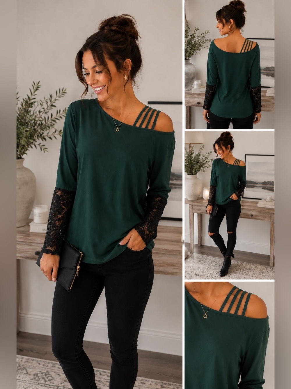 SHEIN Emerald Green Off Shoulder Lace Sleeve Top Size Small